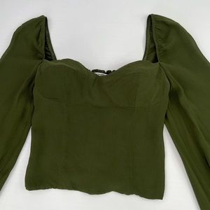 Reformation Blouse Womens 6 Boho Sawtelle Cuff Tie Long Sleeve Top Green